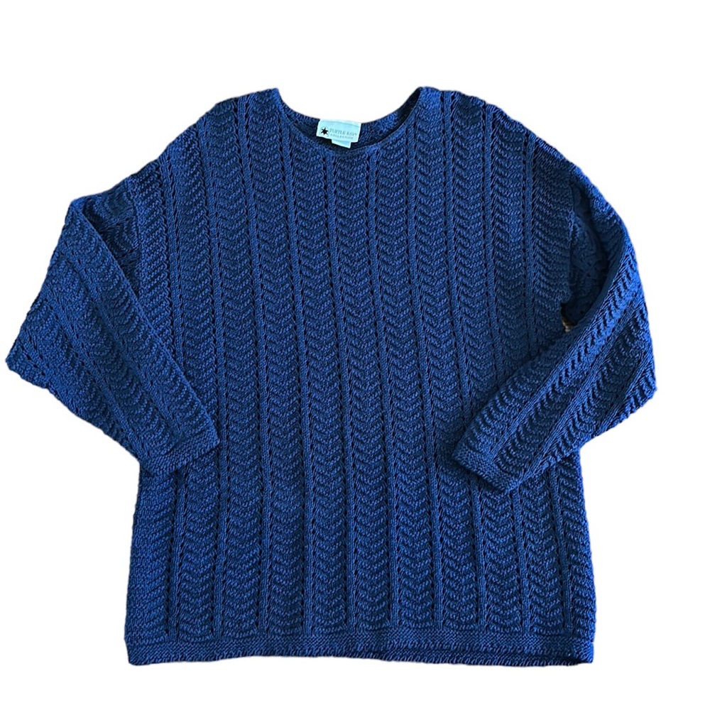 Turtle Bay 100% Cotton Blue Open Knit Crew Neck Sweater Made in USA Plus Size 1X
